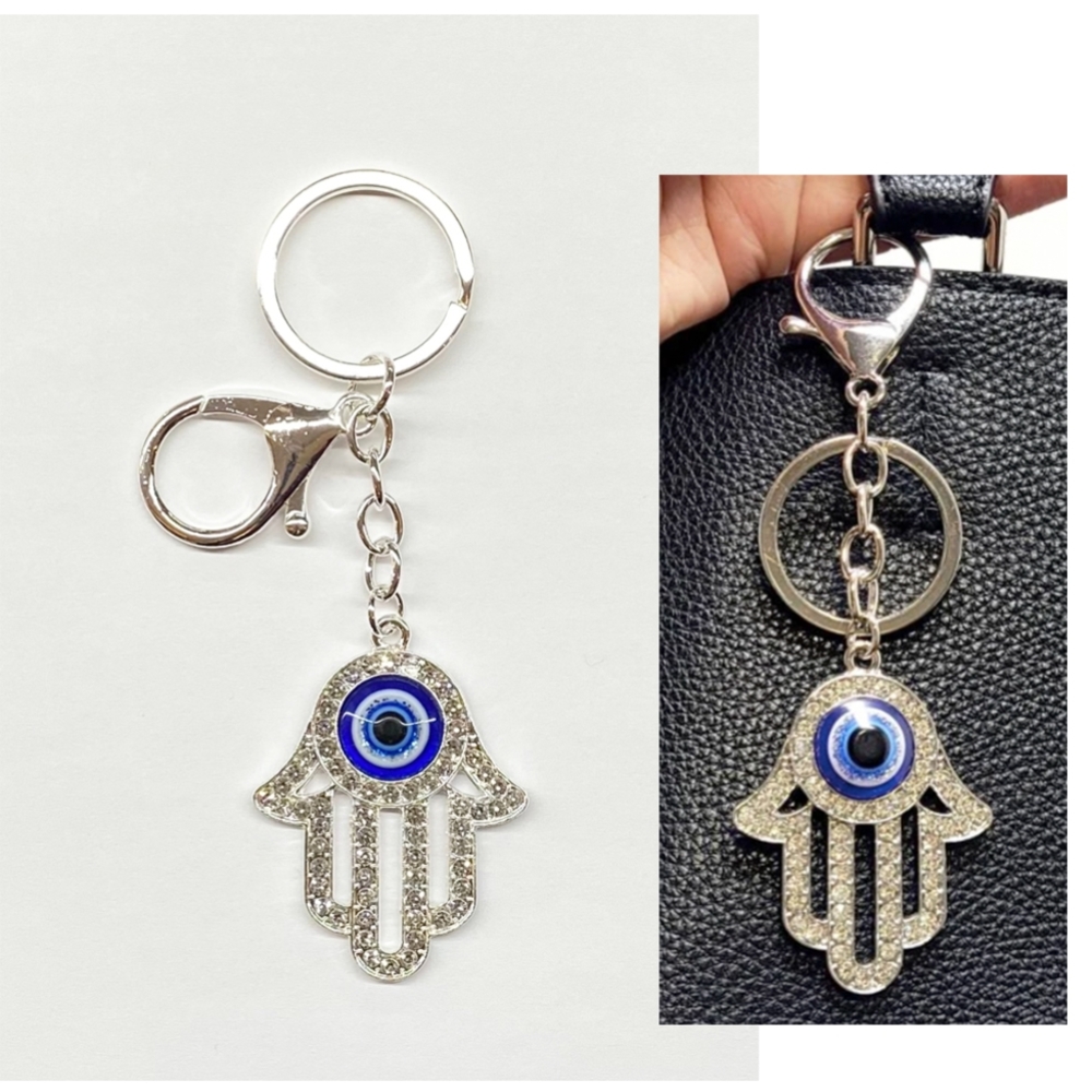 Blue and Silver Hamsa Key & Card Holder with Evil Eye